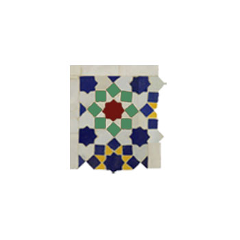 Mosaic House Moroccan tile Tarceeh Corner Left 1-15-12-7-18 White Cobalt Blue Light Green Red Yellow  zellige, mosaic, zellij, border, glaze, traditional, intricate, stars 